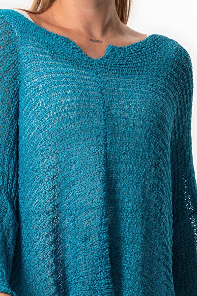 Eliş Şile Bezi Yarasa Kol Elmas Kayık Yaka Sonbahar ve Kışlık  Asimetrik Triko Bluz Mavi mv