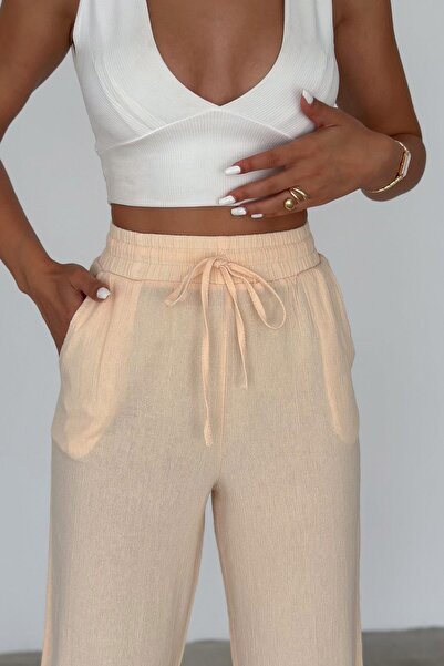 İstangül Butik Linen Comfortable Trousers - Elastic Waist, Collared Crinkle Leg