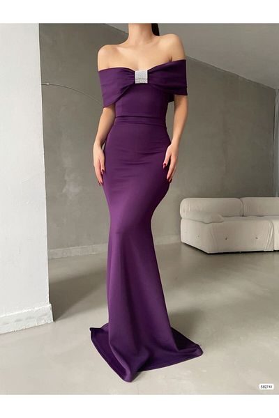 Modamorfo Rochie lungă cu broșă cu umăr deschis - violet