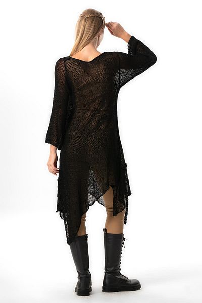 Eliş Şile Bezi Asymmetric Cut Half Sleeve Knitwear Tunic - Autumn and Winter, Black Syh