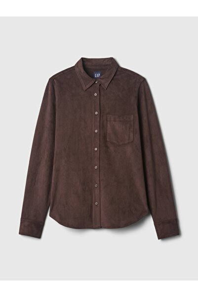 GAP Kadın Kahverengi Vegan Süet Classic Gömlek