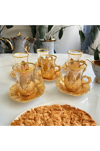 CHANCE GİFT 12 Pieces Lux Tea Cups Ottoman Style Embroidered Tea Cup Set (6 Persons)