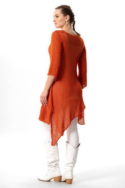 Eliş Şile Bezi Asymmetric Cut Half Sleeve Knitwear Tunic - Autumn and Winter, Orange Trnc