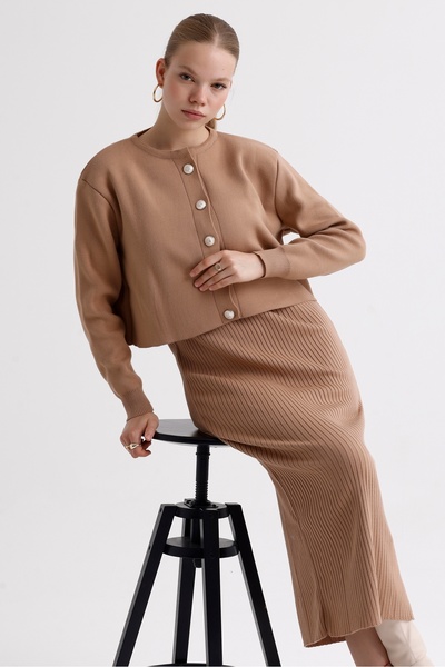 MD trend Women's Crew Neck Crop Cardigan and Strap Ribbed Dress Double Knitwear Set