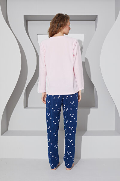 Siyah İnci pembe Nakışlı Alt-Üst Polar Pijama Takım 24223066
