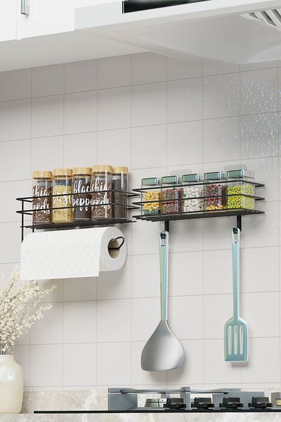 zabata Adhesive Spice Rack 2 Pieces Metal Paper Towel Holder Black Spice Stand Kitchen Shelf