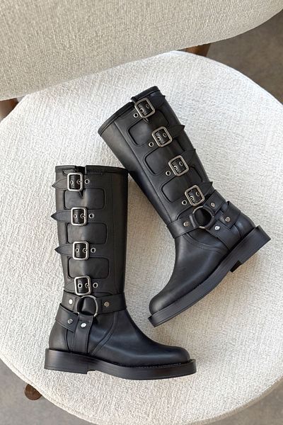 GOFFSHOES Cizme de damă cu cataramă și talpă plată - piele neagră