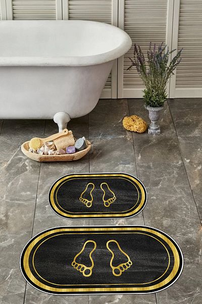 Napoli Home Set de scaune de toaletă cu covoraș de baie oval, lavabil, lavabil, imprimat digital, KLOZET-51-GOLD,