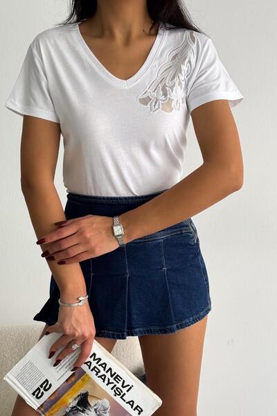 İstangül Butik Tricou cu un singur umăr cu detaliu din tul cu flori