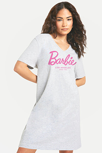 ROCKANDROLL Barbie Girl Gri V Yaka Yarım Kol Diz Boyu Rahat Ev Elbisesi Gecelik