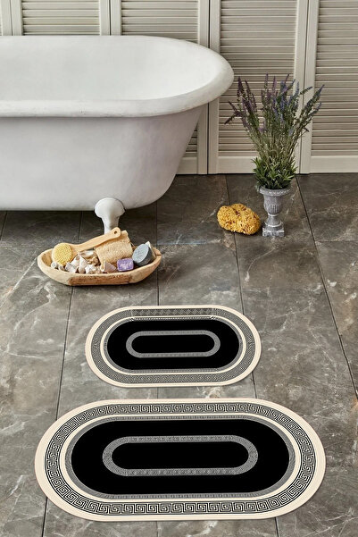 Napoli Home Set de scaune pentru toaletă cu covoraș de baie oval, model clasic, lavabil digital, anti-alunecare