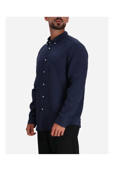 BOSS Erkek Marka Logolu Düğmeli Gömlek Yaka Uzun Kollu Lacivert Gömlek 50520283-404