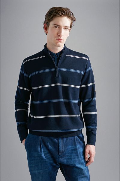 PAUL&SHARK Men's Long Sleeve Striped Zippered Blue Sweater 14311109 -155