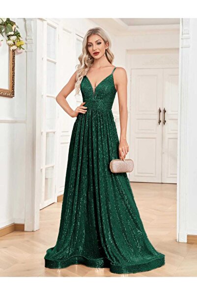 MODAS İNCE ASKILI SIRT BAĞLAMALI PUL PAYET ABİYE ELBİSE