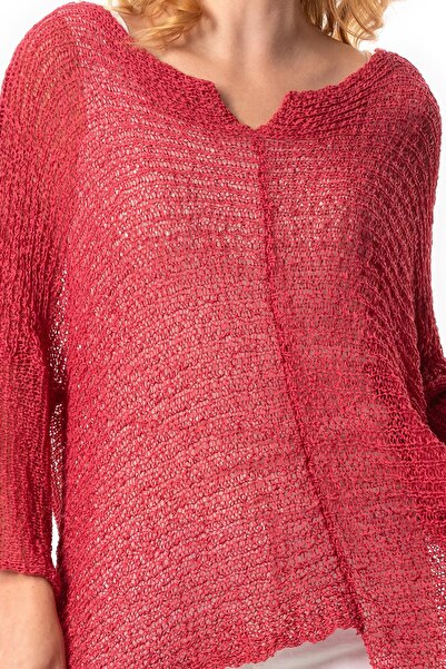 Eliş Şile Bezi Yarasa Kol Elmas Kayık Yaka Sonbahar ve Kışlık  Asimetrik Triko Bluz Fuşya Fsy