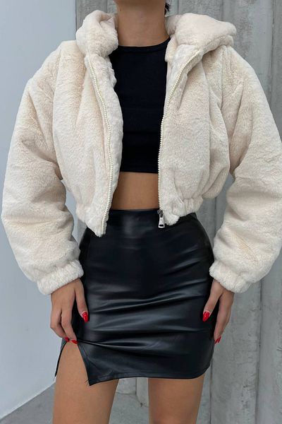 Neşeli Butik γυναικείο μπεζ βελούδινο κοντό μπουφάν με κουκούλα NBDM5001