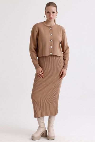 MD trend Women's Crew Neck Crop Cardigan and Strap Ribbed Dress Double Knitwear Set