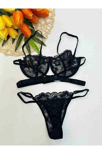 Snowdrop Σετ εσώρουχα Brode Underwire - Λεπτομέρεια με κεντημένη λουλουδάτη ρίγα (ΜΑΥΡΟ)