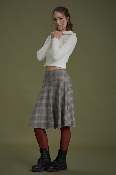 Los banditos Bohemian Style Brown Gray Checked Flared Skirt