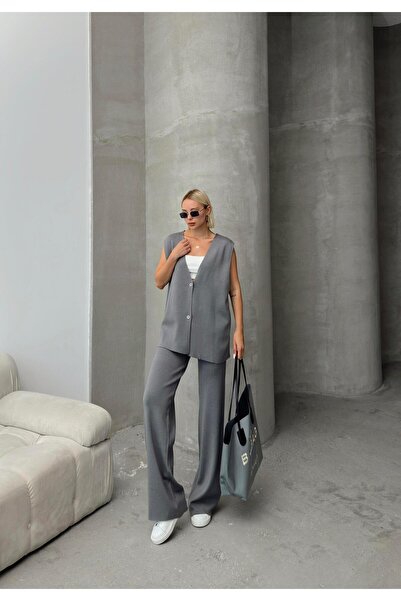 Olcay Szürke V-nyakú mellény, dupla kötöttáru szett - 9241-TK