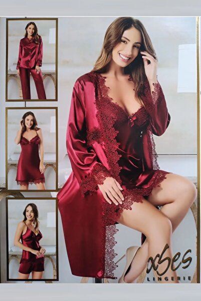 CT MODA Set pijamale și rochii pentru femei din satin burgundy - design speci...
