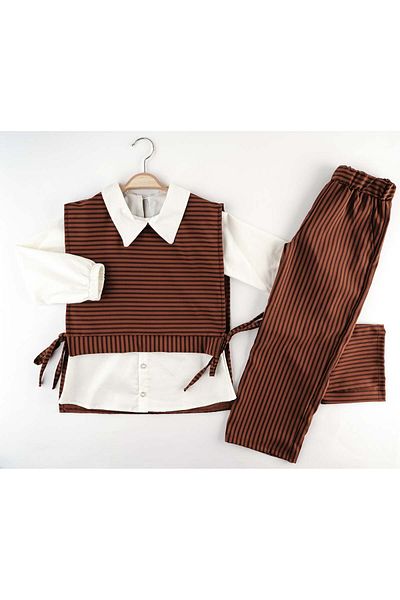 FESSHERA Fashionable and Comfortable 2-Piece Set for Girl 6-12 Years Old - Jumpers Detail Shirt and Stripe Pants