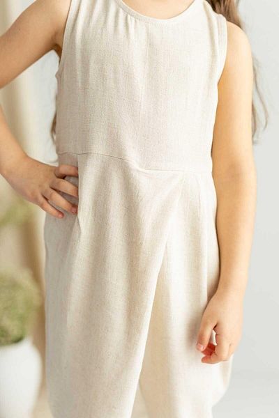 Oliven The Kid Beige Linen - Sleeveless and Buttoned Asymmetric Pleated Girl's Jumpsuit