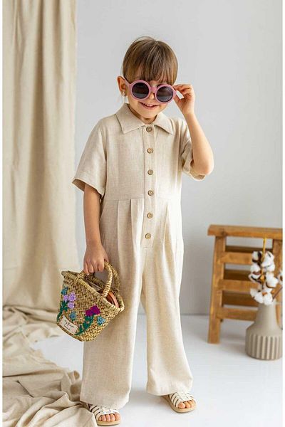Oliven The Kid Beige Linen Girl's Jumpsuit - Buttoned Front, Pleated Waist, Short Sleeve