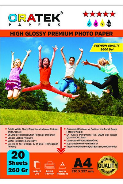 ORATEK Papers Premium A4 Hârtie Fotografică - Dublu Față, Lucioasă, 260gr. 20 de coli