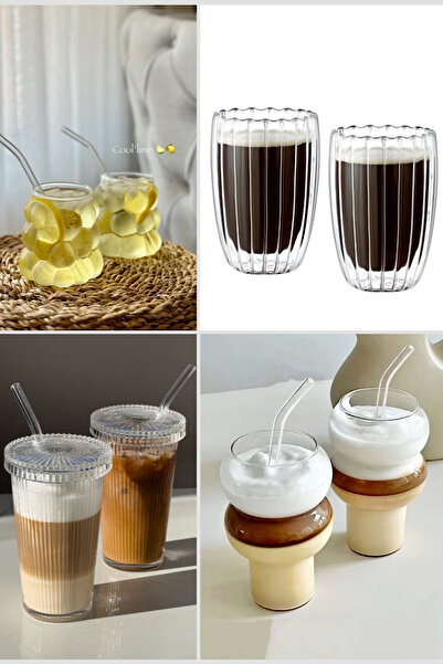 MİS KİTCHEN Set of 8 Coffee Glasses Pinterest Glasses with Glass Straw - Grap...