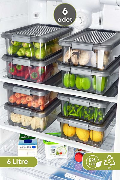 GRİMOR Life 6 Pieces Jumbo Size Food Storage Set - Locked and Organizer 6 Lt. Refrigerator