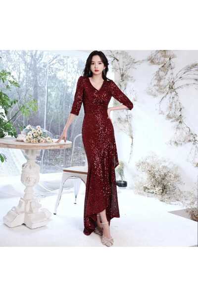 MODAS kruvaze yaka yarım kollu pul payet abiye elbise
