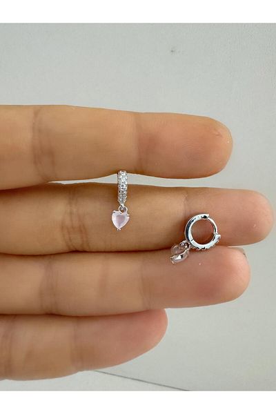 Arescollection 1 Piece Zircon Stone Pink Heart Dangle Tragus Rook Compatible Minimal Ring Piercing Earring