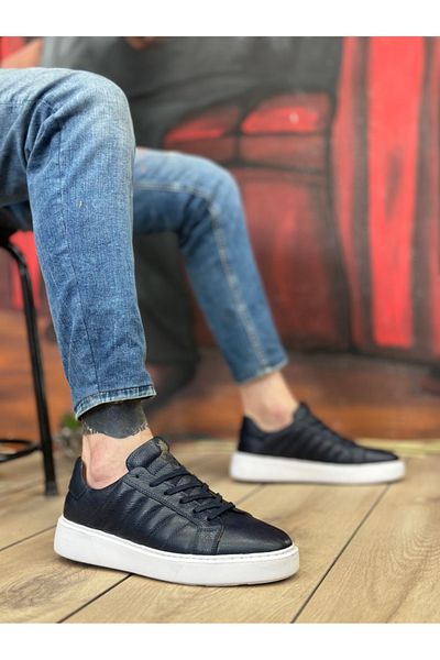 BOA BA0348 - Ανδρικά παπούτσια casual από γνήσιο δέρμα Navy Blue με κορδόνια εσωτερικά και εξωτερικά