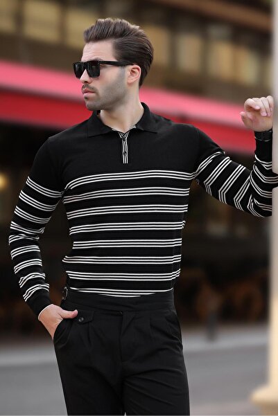 Madmext Siyah Düğmeli Polo Yaka Çizgili Uzun Kollu Kazak 7270