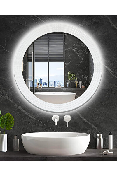 MONTESEV Led'li Işıklı Safir Beyaz Dekoratif Ayna Yuvarlak Ayna İşlemeli Ahşa...