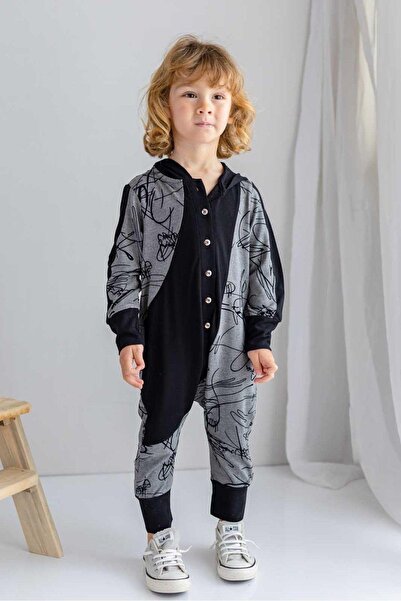 Oliven The Kid Детський комбінезон з геометричним візерунком, чорно-сірий трикотаж, з капюшоном і ґудзиками спереду, бежевий