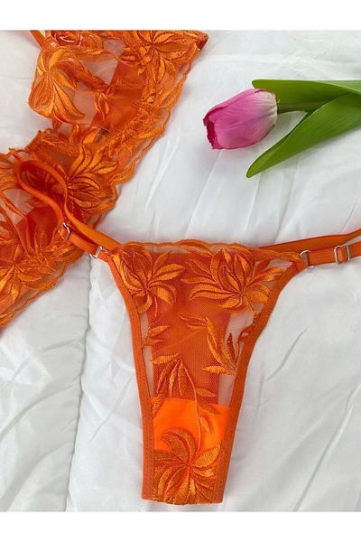 Snowdrop Σετ σουτιέν και στρινγκ με δαντέλα με σχέδιο πορτοκαλί κρίνο