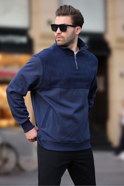 Madmext Φούτερ φλις με μισό φερμουάρ γιακά Navy Blue 7096