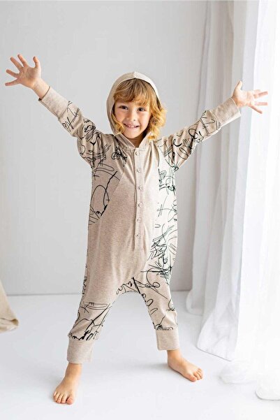 Oliven The Kid Μπεζ Unisex Παιδική Ολόσωμη φόρμα - Λεπτό πλεκτό, γεωμετρικό σχέδιο, κουκούλα και κουμπί μπροστά