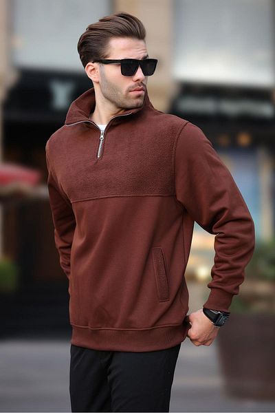 Madmext Φούτερ φλις με μισό φερμουάρ γιακάς Bitter Brown 7096