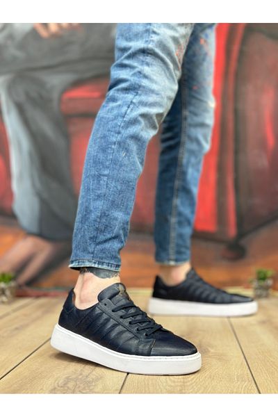 BOA BA0348 - Ανδρικά παπούτσια casual από γνήσιο δέρμα Navy Blue με κορδόνια εσωτερικά και εξωτερικά