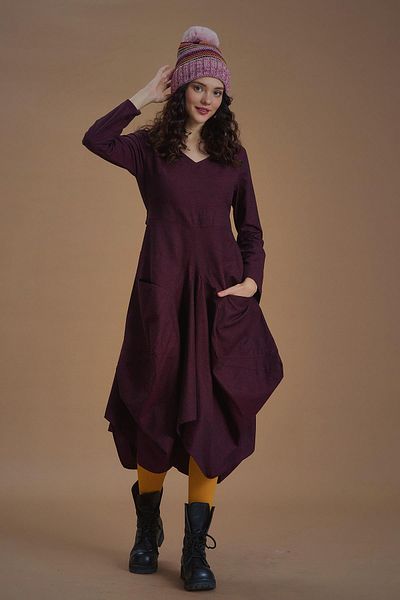 Los banditos Rochie burgundă cu mâneci lungi cu decolteu în V adânc