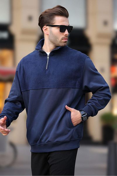 Madmext Φούτερ φλις με μισό φερμουάρ γιακά Navy Blue 7096