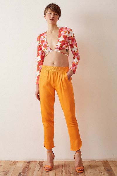 TRENDQUEL Orange Satin Trousers - Elastic Waist