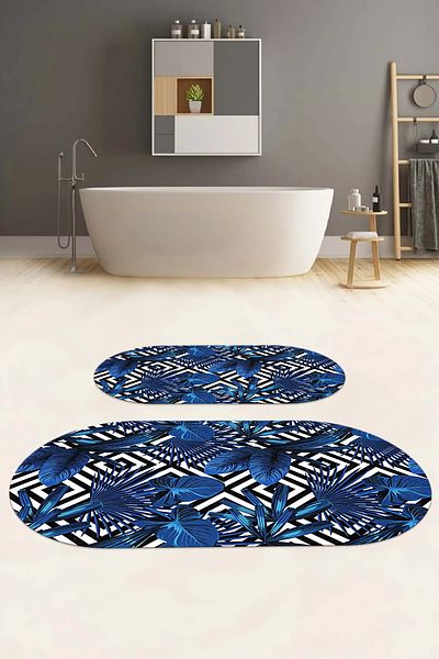 Napoli Home Set de scaune de toaletă cu covoraș de baie oval, lavabil, imprimat digital, cu model de flori clasice, WC-60-BLUE,