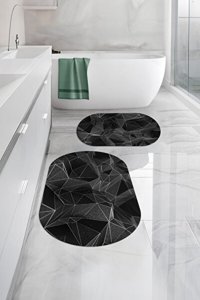Napoli Home Set de scaune de toaletă cu covoraș de baie oval lavabil cu model geometric imprimat digital, WC-87-GRI,