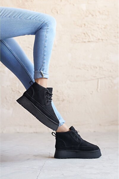 GOFFSHOES Kadın Pastor Kürklü Kısa Bot - Siyah Süet