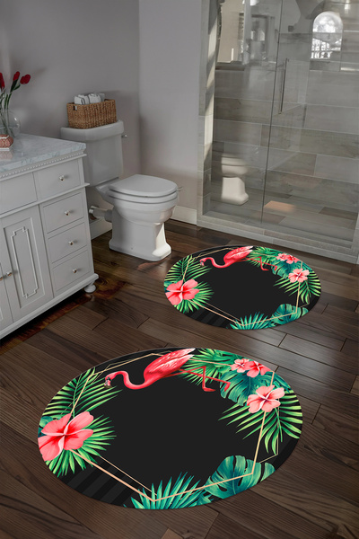 Napoli Home طقم سجادة حمام مستديرة بنمط فلامنغو ملونة قابلة للغسل رقميًا