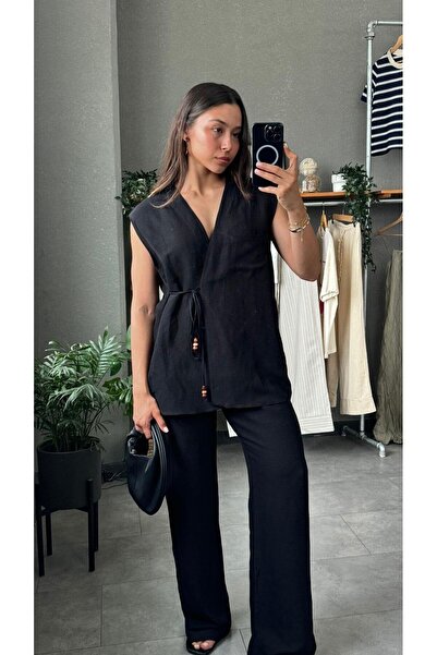 YOUR NAME Önden Bağlamalı Boncuk Detaylı Siyah Kadın Yelek Pantolon Takım